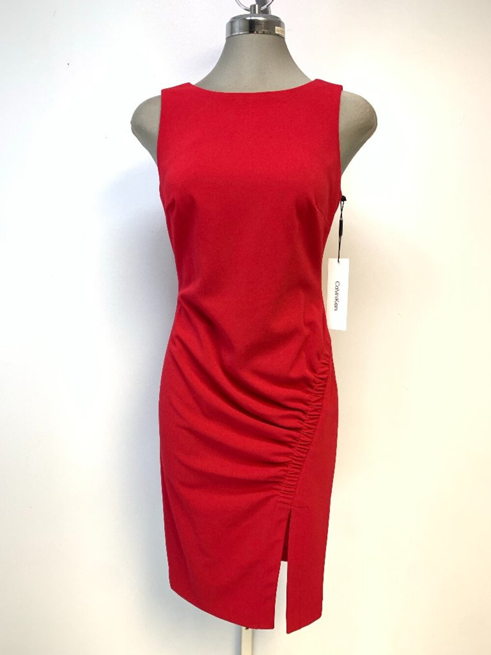 New! CALVIN KLEIN Exquisite Ruched Split Front True RED Sheath Dress Size 4 NWT